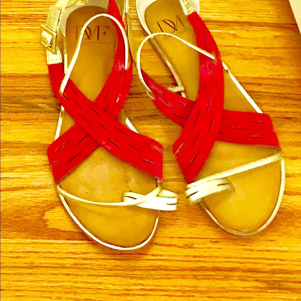 Diane Von Furstenburg bright red and gold shoes